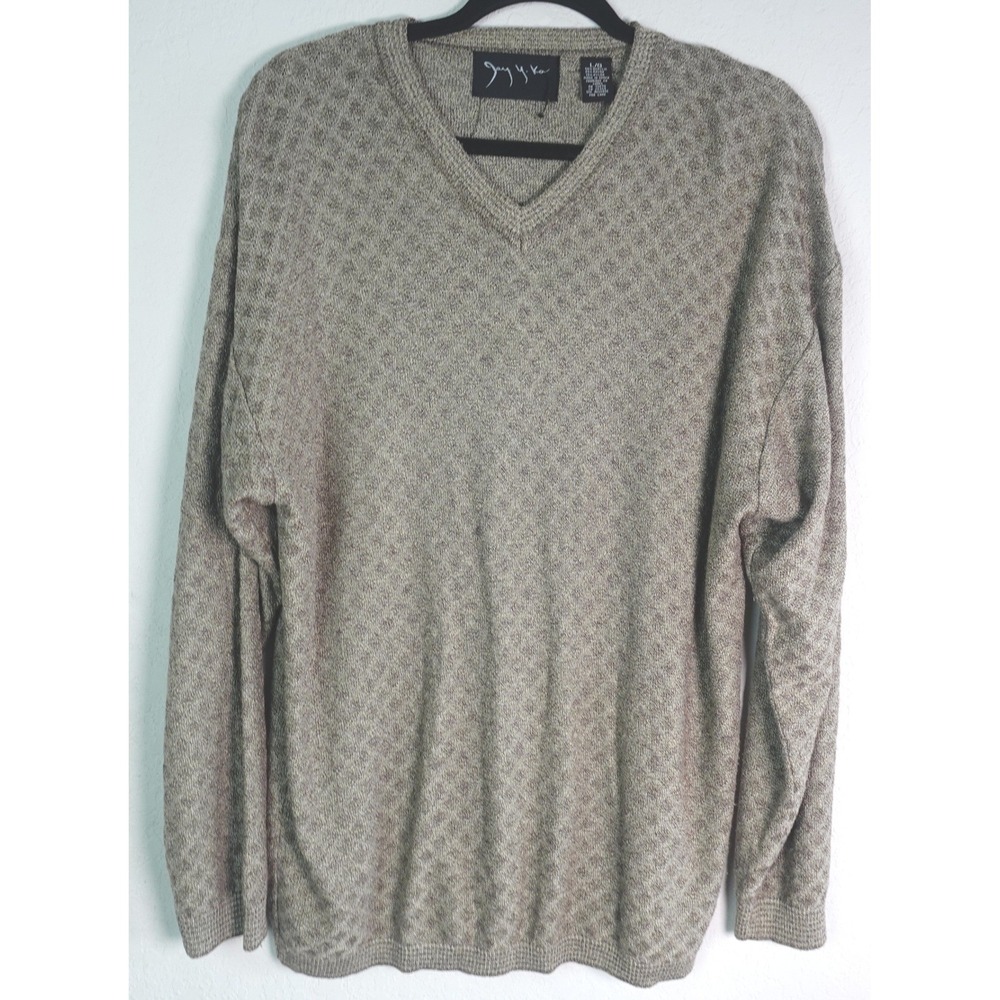 Jay Y Ko V-Neck Sweater Mens Large Brown Diamond Knit Textured Long Sleeve